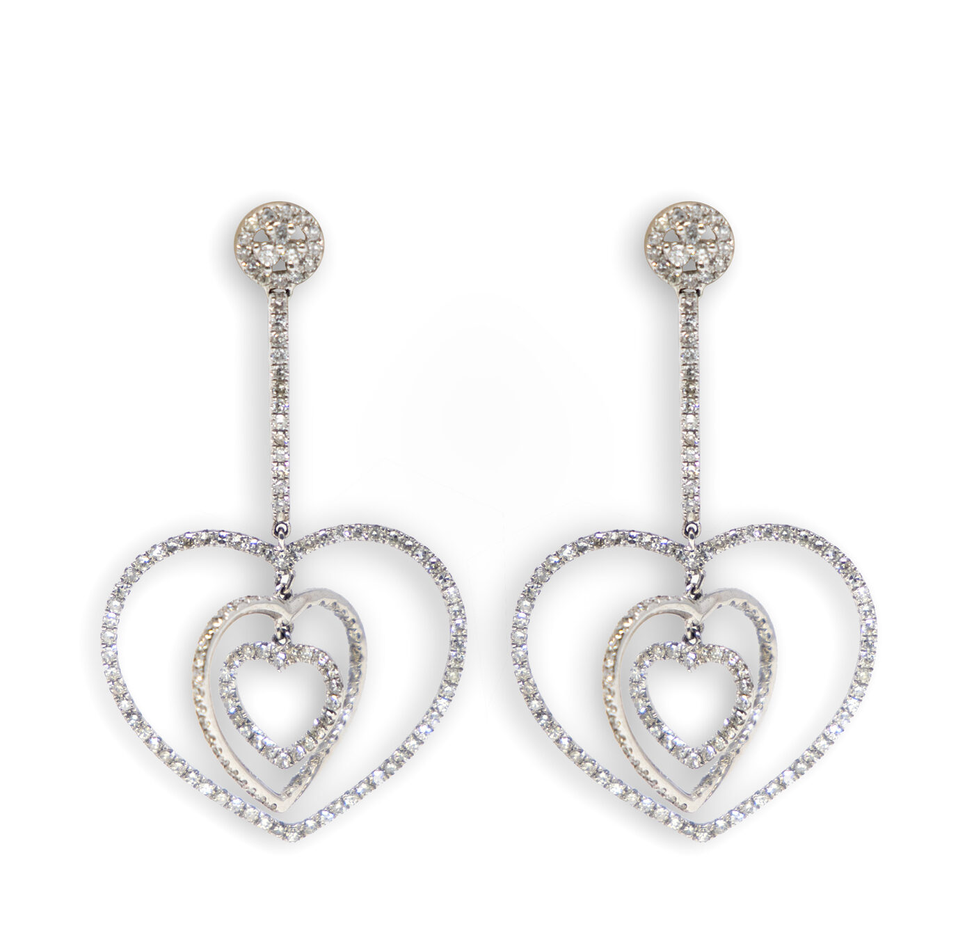 Diamond heart drop earrings in white gold on a clean white background