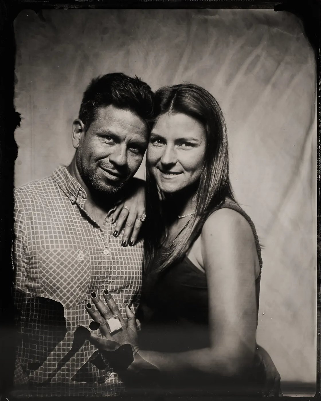 Tintype portrait of a couple on a metal plate